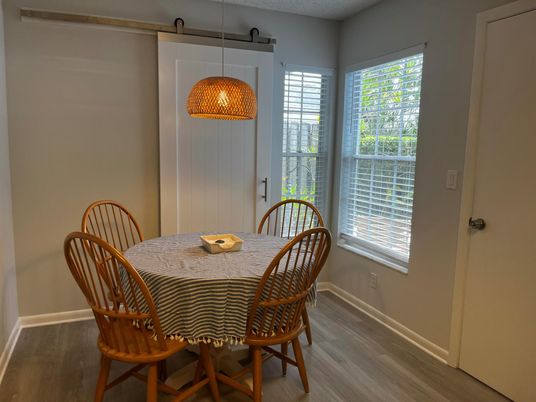 Dining room, Interior, Pendant Lights, Wood Texture Flooring