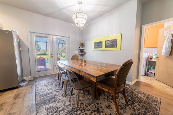 Chandelier, Dining room, Interior, Wood Texture Flooring