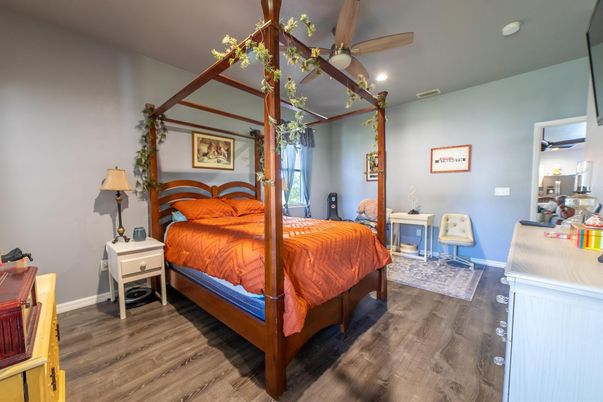 Bedroom, Interior, Recessed Lighting, Wood Texture Flooring