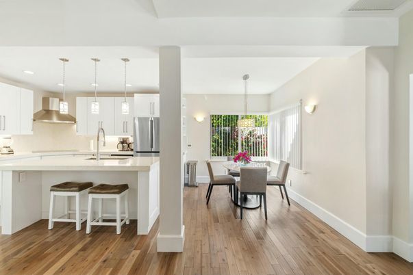 Dining room, Interior, Kitchen, Pendant Lights, Recessed Lighting, Stainless Steel Appliances, Wood Texture Flooring