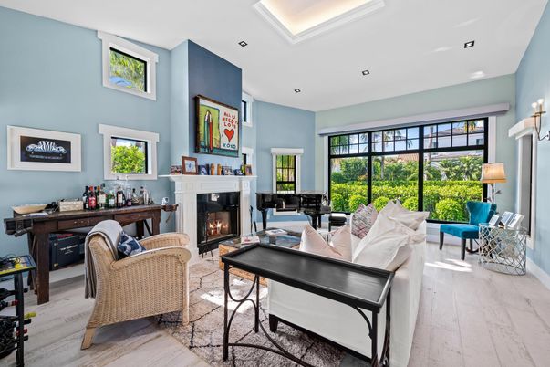 Fireplace, Interior, Living room, Recessed Lighting, Wood Texture Flooring