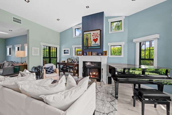 Fireplace, Interior, Living room, Piano, Recessed Lighting, Wood Texture Flooring