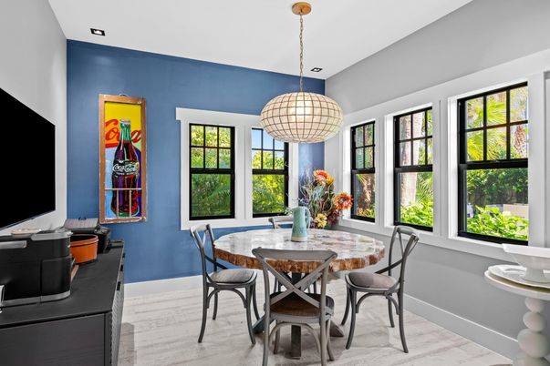 Dining room, Interior, Pendant Lights, Recessed Lighting, Wood Texture Flooring