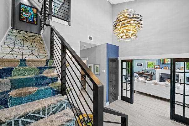 Fireplace, Interior, Living room, Pendant Lights, Wood Texture Flooring