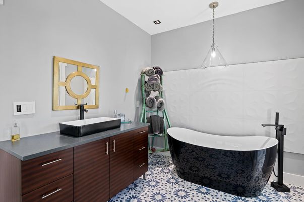 Bathroom, Dual Sink Vanities, Free Standing Baths, Interior, Pendant Lights, Recessed Lighting
