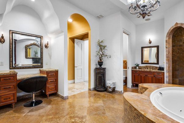 Bathroom, Chandelier, Dual Sink Vanities, Interior, Recessed Lighting