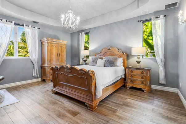 Bedroom, Chandelier, Interior, Pendant Lights, Wood Texture Flooring