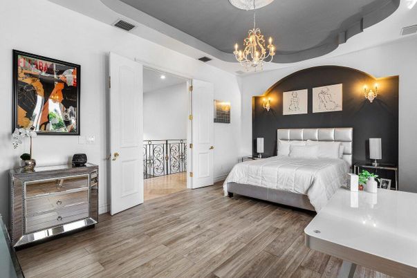 Bedroom, Chandelier, Interior, Wood Texture Flooring