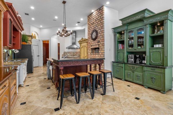 Chandelier, Fireplace, Interior, Kitchen, Pendant Lights, Recessed Lighting, Stone Walls