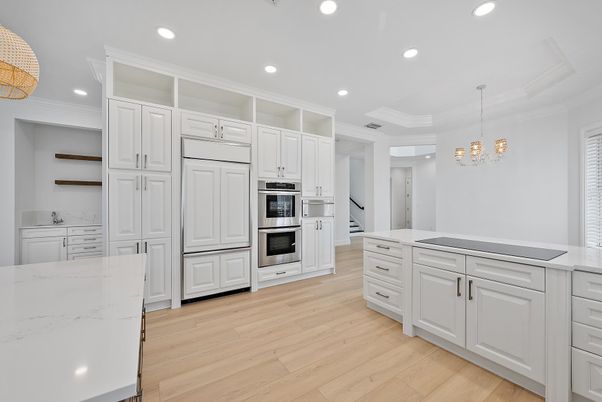 Chandelier, Interior, Kitchen, Recessed Lighting, Stainless Steel Appliances, Wood Texture Flooring