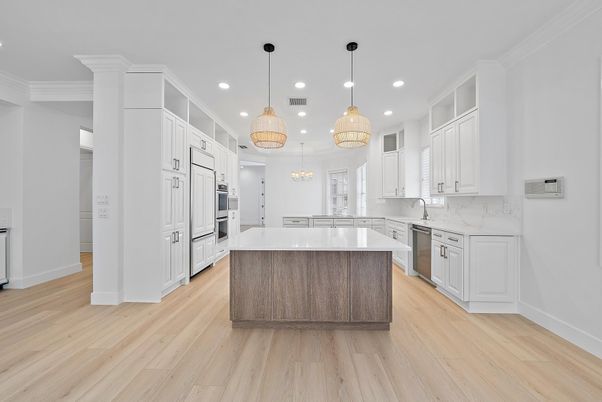 Interior, Kitchen, Pendant Lights, Recessed Lighting, Stainless Steel Appliances, Wood Texture Flooring