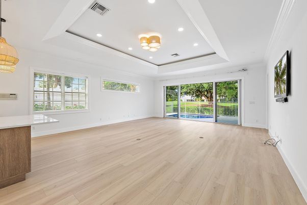 Chandelier, Empty room, Interior, Recessed Lighting, Wood Texture Flooring
