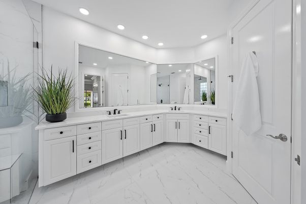 Bathroom, Dual Sink Vanities, Interior, Marble, Recessed Lighting