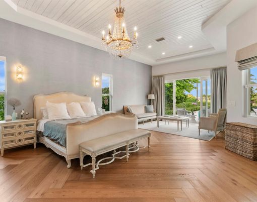 Bedroom, Chandelier, Interior, Recessed Lighting, Wood Texture Flooring