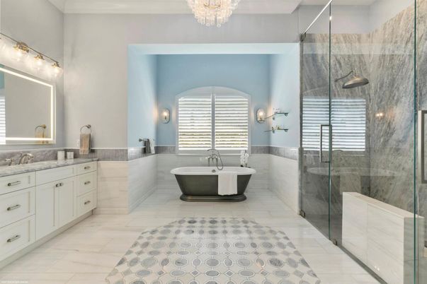 Bathroom, Chandelier, Dual Sink Vanities, Free Standing Baths, Glass Shower, Interior, Marble