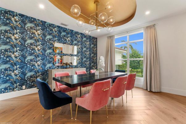 Dining room, Interior, Pendant Lights, Recessed Lighting, Wood Texture Flooring