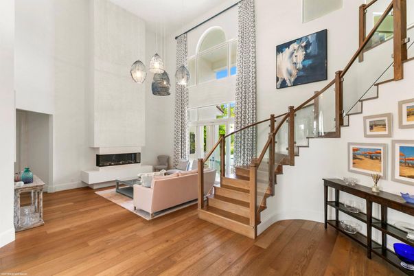 Fireplace, Interior, Living room, Pendant Lights, Wood Texture Flooring