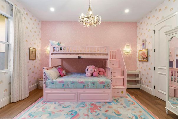 Bedroom, Chandelier, Interior, Recessed Lighting, Wood Texture Flooring