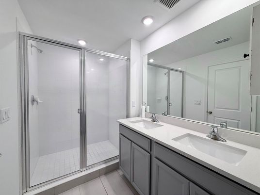 Bathroom, Dual Sink Vanities, Glass Shower, Interior, Recessed Lighting