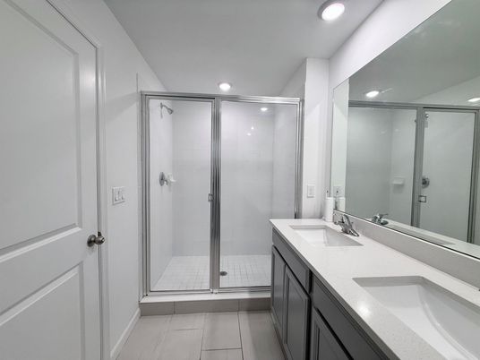 Bathroom, Dual Sink Vanities, Glass Shower, Interior, Recessed Lighting
