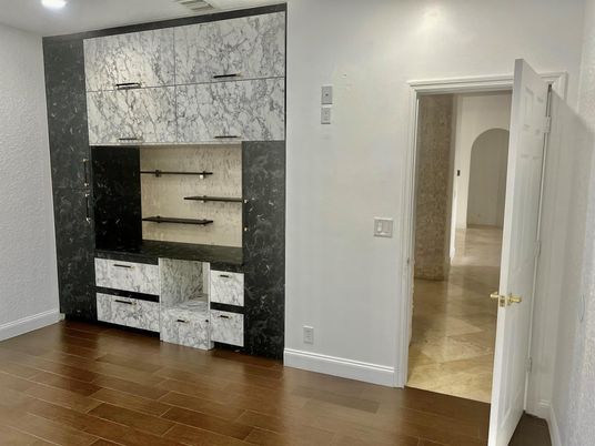 Interior, Marble Walls, Recessed Lighting, Wood Texture Flooring