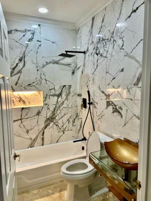 Bathroom, Interior, Marble Walls, Recessed Lighting