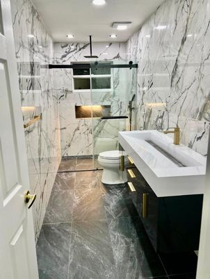 Bathroom, Glass Shower, Interior, Marble, Marble Walls, Recessed Lighting