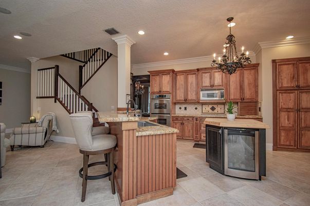 Chandelier, Interior, Kitchen, Recessed Lighting, Stainless Steel Appliances