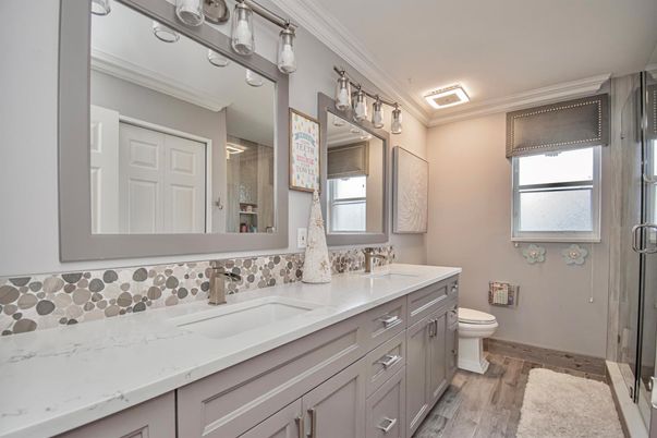 Bathroom, Dual Sink Vanities, Glass Shower, Interior, Wood Texture Flooring