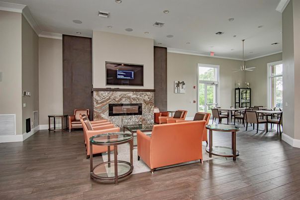 Dining room, Fireplace, Interior, Living room, Pendant Lights, Recessed Lighting, Wood Texture Flooring