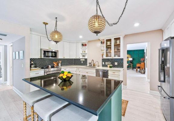 Interior, Kitchen, Pendant Lights, Recessed Lighting, Stainless Steel Appliances, Wood Texture Flooring