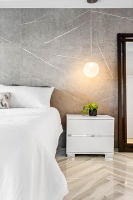 Bedroom, Interior, Pendant Lights, Wood Texture Flooring
