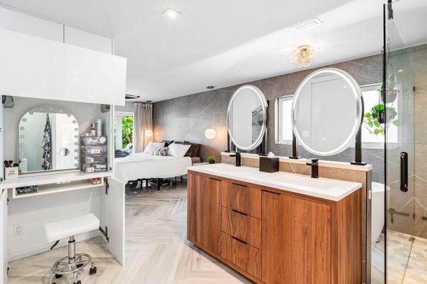 Bathroom, Bedroom, Dual Sink Vanities, Glass Shower, Interior, Recessed Lighting, Wood Texture Flooring