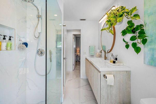 Bathroom, Glass Shower, Interior, Marble, Marble Walls, Recessed Lighting