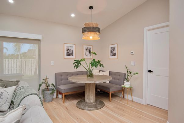 Dining room, Interior, Pendant Lights, Recessed Lighting, Wood Texture Flooring