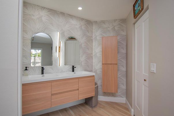 Bathroom, Dual Sink Vanities, Interior, Recessed Lighting, Wood Texture Flooring