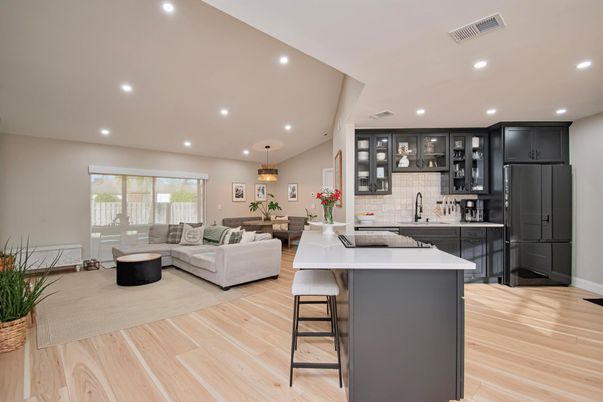 Interior, Kitchen, Living room, Pendant Lights, Recessed Lighting, Wood Texture Flooring