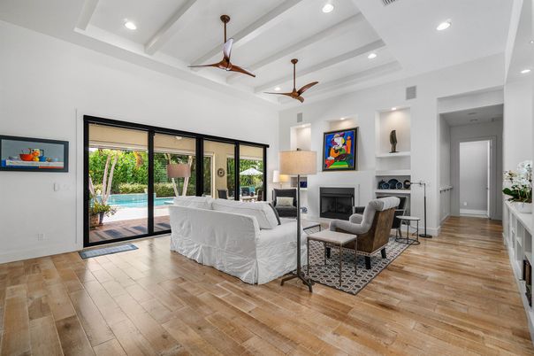 Fireplace, Interior, Living room, Recessed Lighting, Wood Texture Flooring