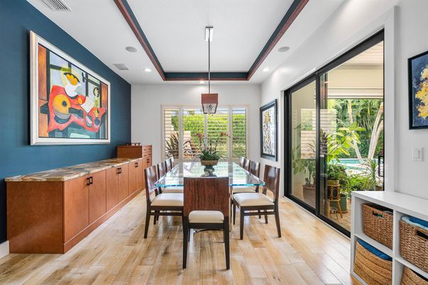 Dining room, Interior, Pendant Lights, Recessed Lighting, Wood Texture Flooring