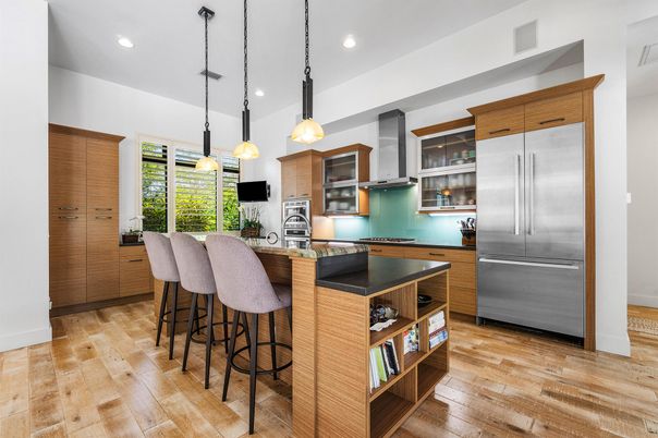 Interior, Kitchen, Pendant Lights, Recessed Lighting, Stainless Steel Appliances, Wood Texture Flooring