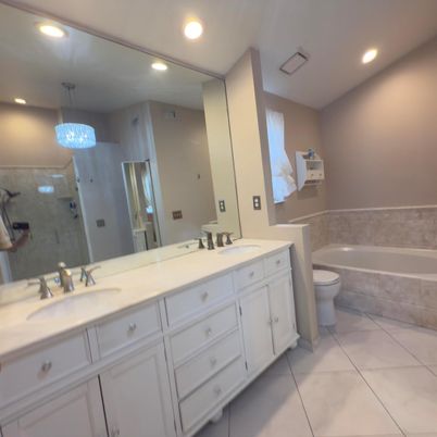 Bathroom, Dual Sink Vanities, Interior, Pendant Lights, Recessed Lighting