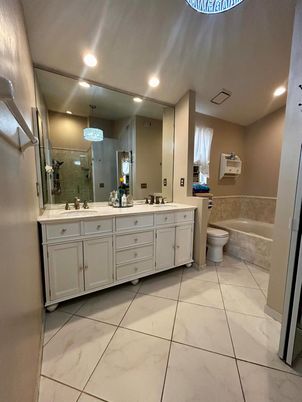 Bathroom, Dual Sink Vanities, Interior, Marble, Recessed Lighting