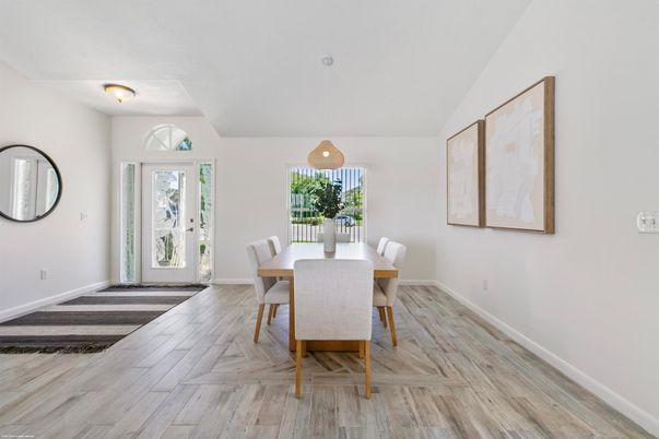 Dining room, Interior, Pendant Lights, Wood Texture Flooring