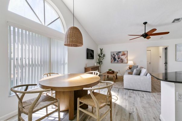 Dining room, Interior, Living room, Pendant Lights, Wood Texture Flooring