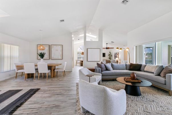 Dining room, Interior, Living room, Pendant Lights, Wood Texture Flooring