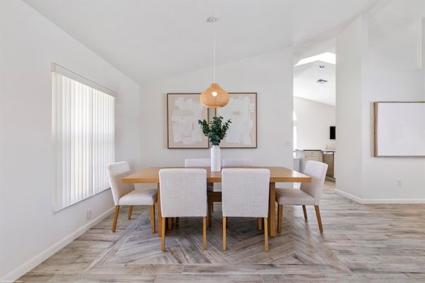 Dining room, Interior, Pendant Lights, Wood Texture Flooring