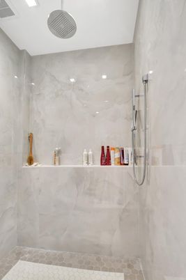 Bathroom, Glass Shower, Interior, Marble Walls, Recessed Lighting