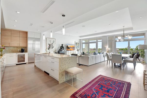 Dining room, Interior, Kitchen, Living room, Pendant Lights, Recessed Lighting, Stainless Steel Appliances, Wood Texture Flooring