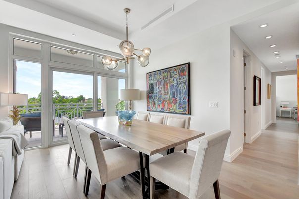 Dining room, Interior, Pendant Lights, Recessed Lighting, Wood Texture Flooring