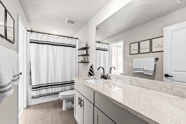 Bathroom, Dual Sink Vanities, Interior, Recessed Lighting, Wood Texture Flooring
